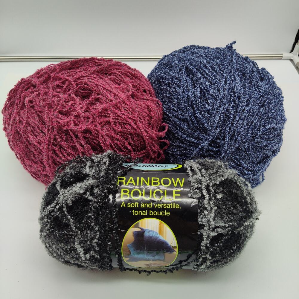 Sensations Rainbow Boucle Yarn Lot Of 3 Gray 11 oz Red Blue (Partials)